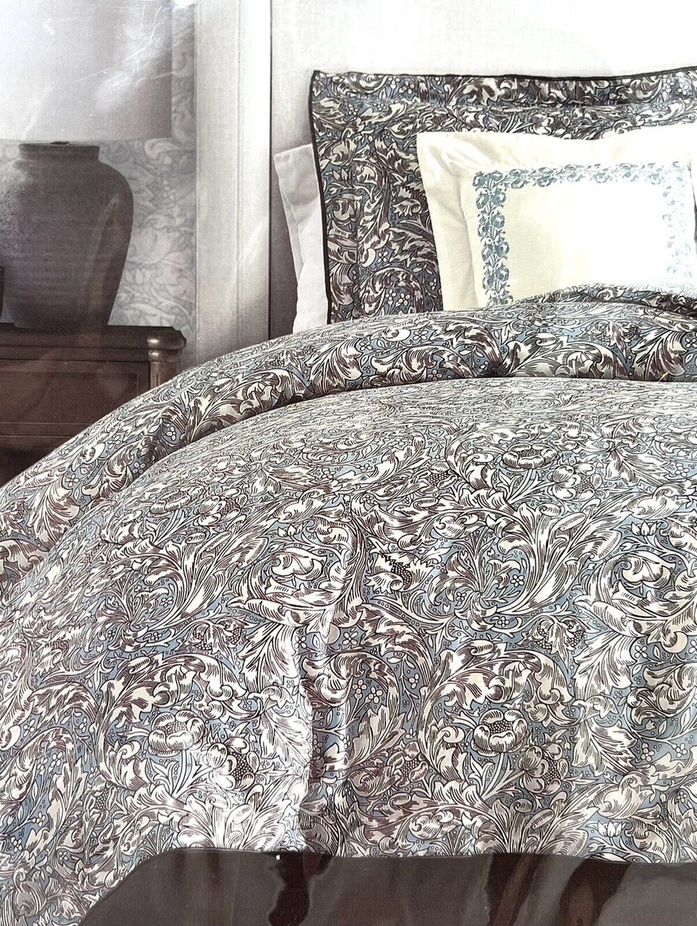William MORRIS & CO. QUEEN Duvet Cover Set Teal White Floral Reversible COTTON
